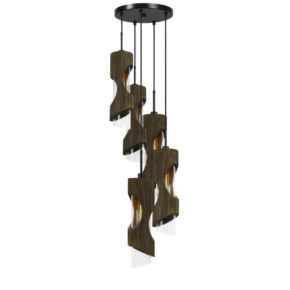 60W X 5 Zamora 5 Light Wood Pendant With Clear Glass Shade (Edison Bulbs Not Included)