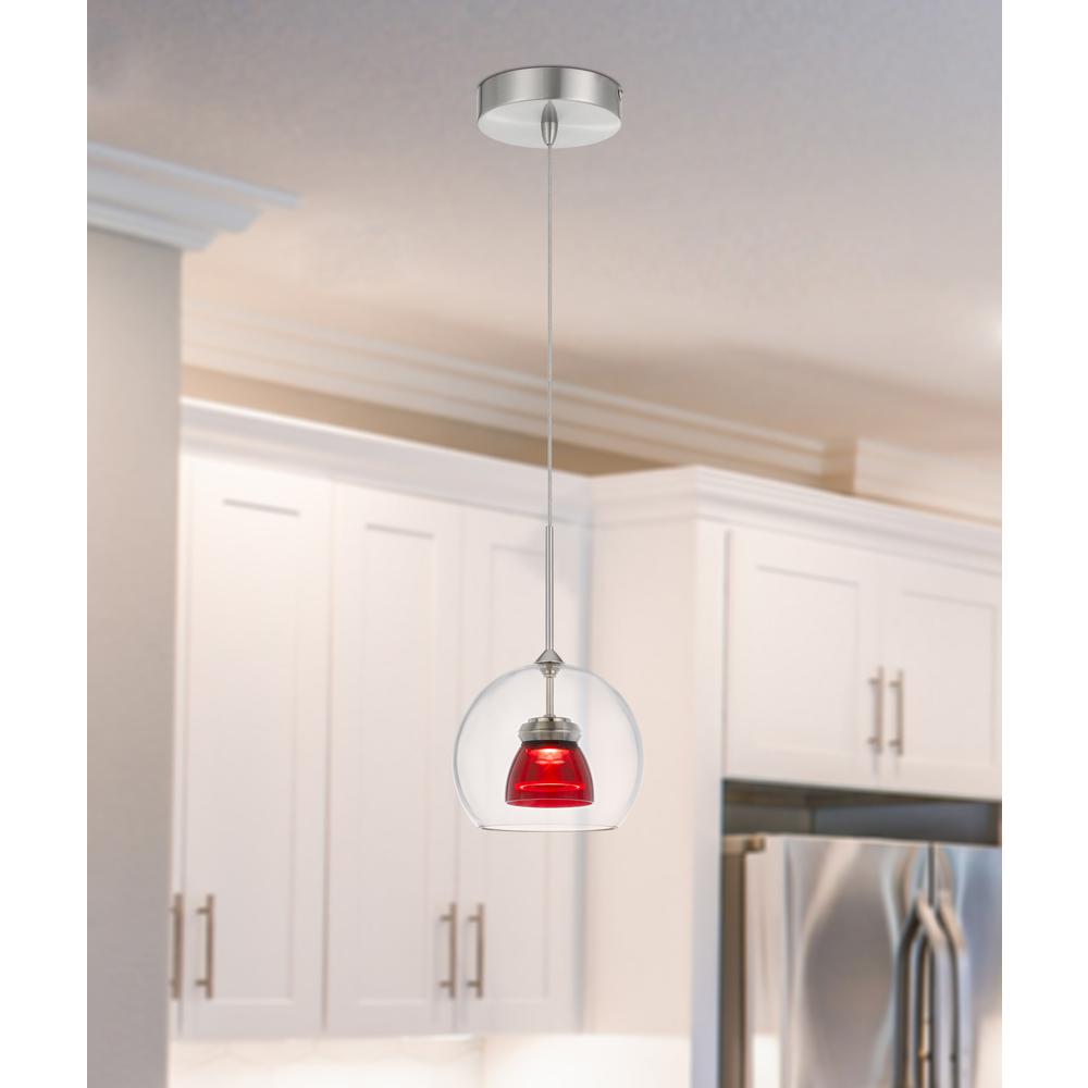 Integrated dimmable LED double glass mini pendant light. 6W, 450 lumen, 3000K in Red Clear
