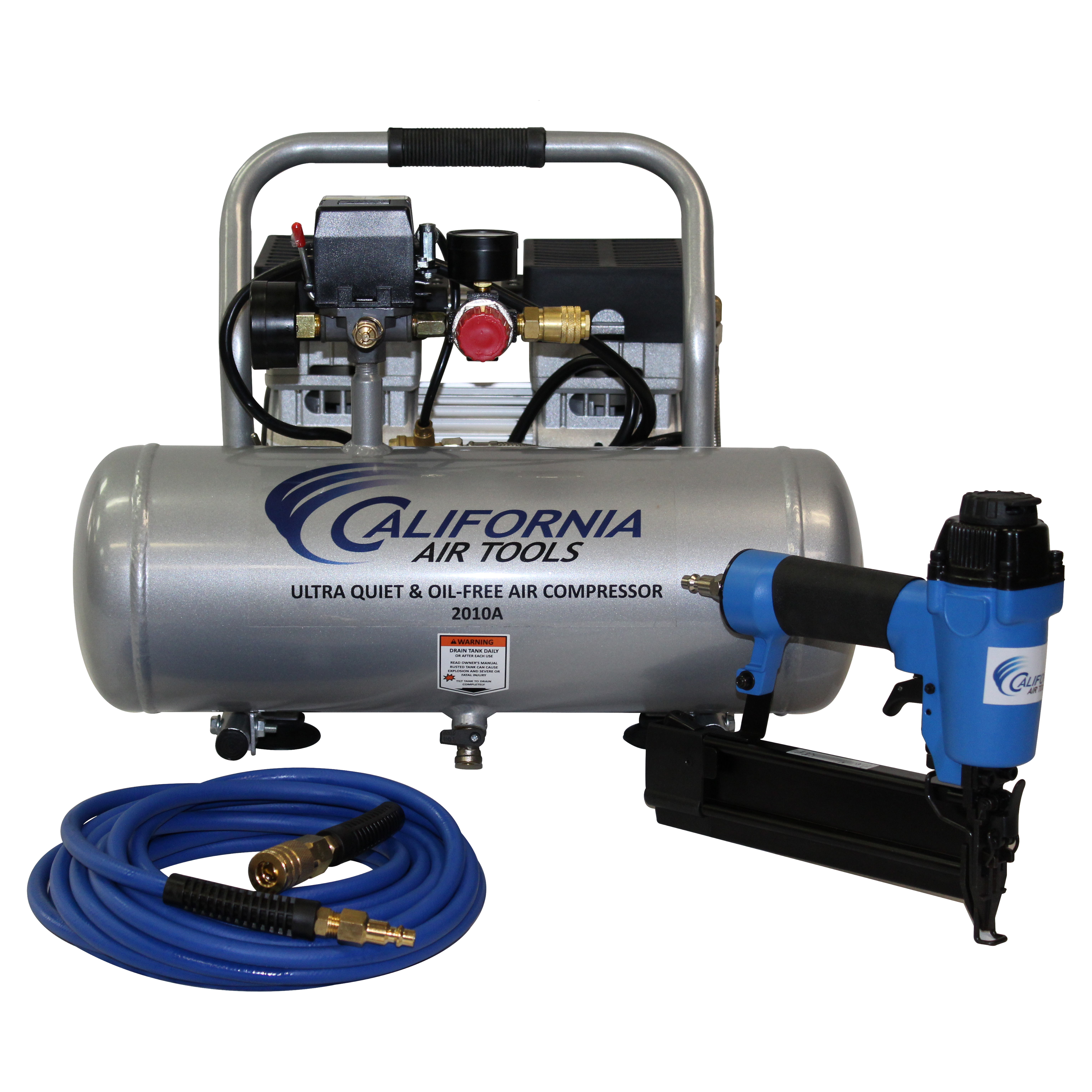 California Air Tools 2010AGK18 Ultra Quiet  & Oil-Free  1.0 Hp, 2.0 Gal. Aluminum Tank Air Compressor with Nail Gun Kit