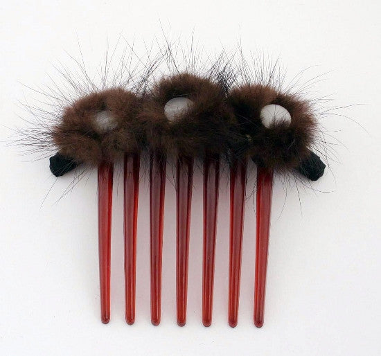 French Twist Hair Comb with Fur & 3 Large Stones - Gift Wrap White Caravan Card