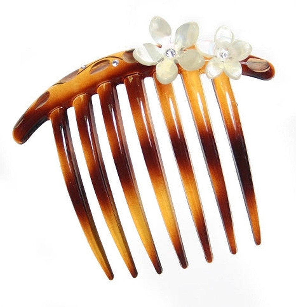 Tortoise Shell French Twist Hair Comb with Rhinestone Roses - Gift Wrap Silver J. Nahon Card