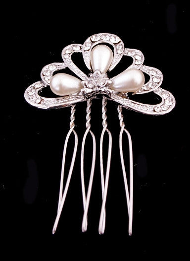 Wire Side Hair Comb with Drop Pearls & Swarovski Crystals - Gift Wrap Silver J. Nahon Card