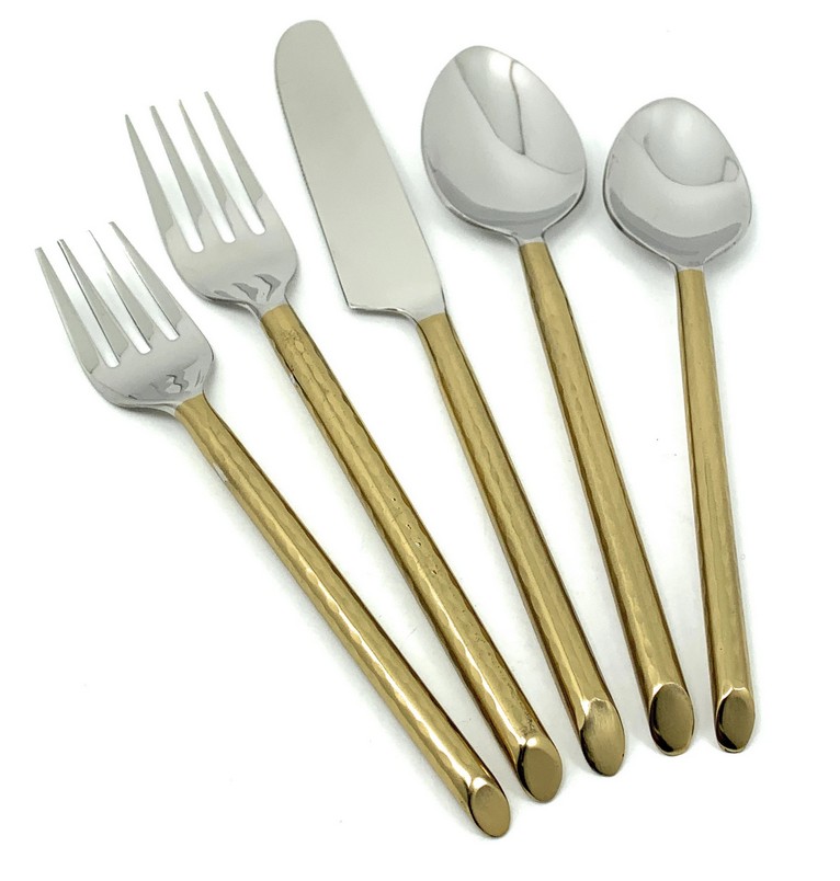 Vibhsa Golden Flatware Set of 5 Pieces (Cut Hammered, Stainless Steel)