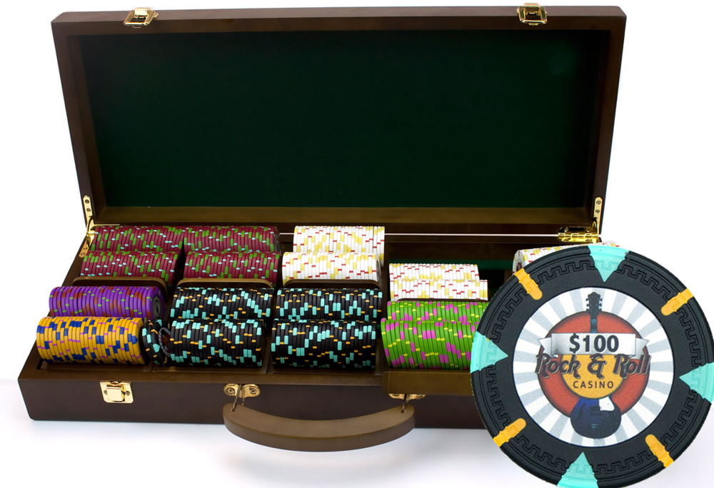 500 Count Custom Poker Chip Set - Rock & Roll in Walnut