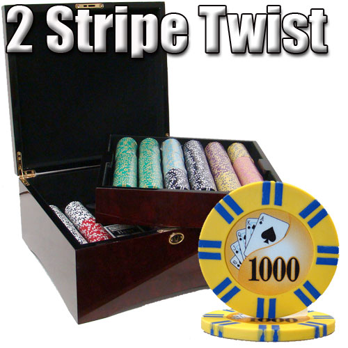 750 Count - Pre-Packaged - Poker Chip Set - 2 Stripe Twist 8 G - Mahogany