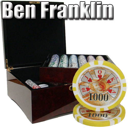 750 Count - Custom Breakout - Poker Chip Set - Ben Franklin 14 G - Mahogany