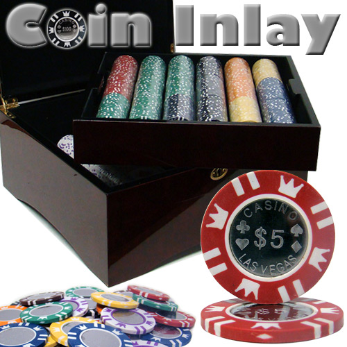 750 Count Mahogany Set Pre-Packaged - Coin Inlay 15 Gram Poker Chips