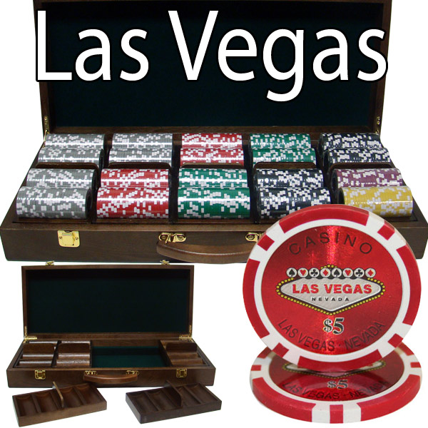500 Count - Pre-Packaged - Poker Chip Set - Las Vegas 14 G - Walnut Case