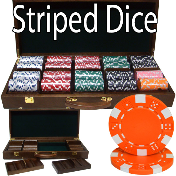 500 Count - Pre-Packaged - Poker Chip Set - Striped Dice 11.5 G - Walnut Case