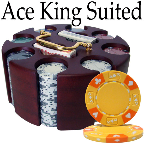 Pre-Pack - 200 Ct Ace King Suited Poker Chip Set Wooden Carousel