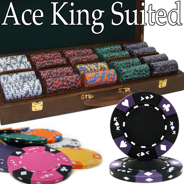 Pre-Pack - 500 Ct Ace King Suited Poker Chip Set Walnut Case