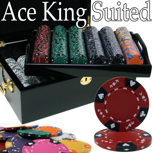 Pre-Pack - 500 Count Ace King Suited Poker Chip Set Black Mahogany Case