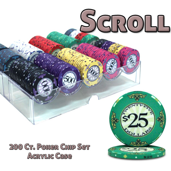 200 Ct Custom Breakout Scroll Poker Chip Set in Acrylic Tray