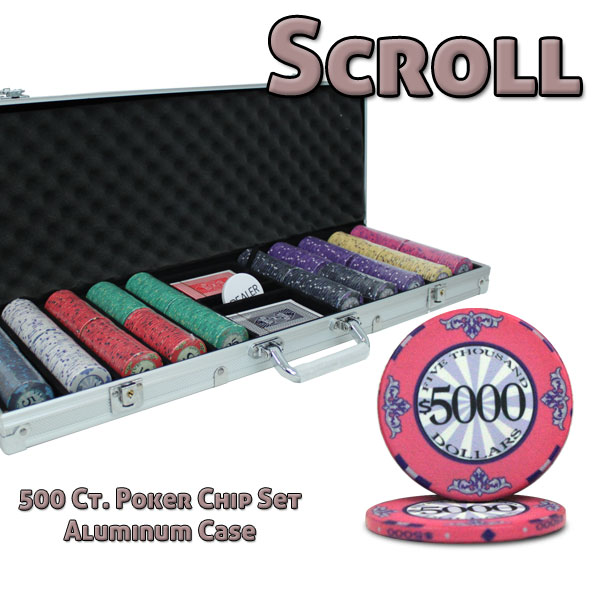 500 Ct Standard Breakout Scroll Poker Chip Set - Aluminum Case