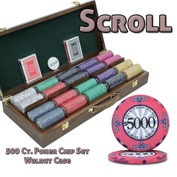 500 Ct Standard Breakout Scroll Poker Chip Set - Walnut Case