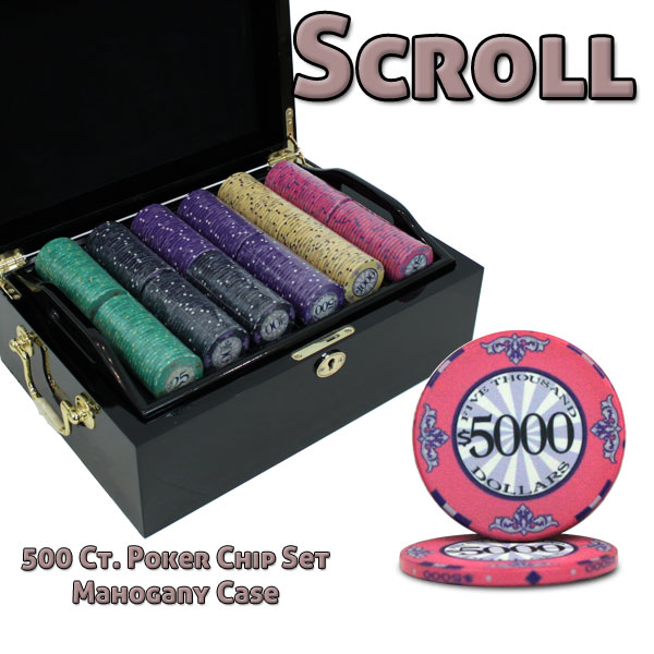 500 Ct Custom Breakout Scroll Poker Chip Set - Mahogany Case