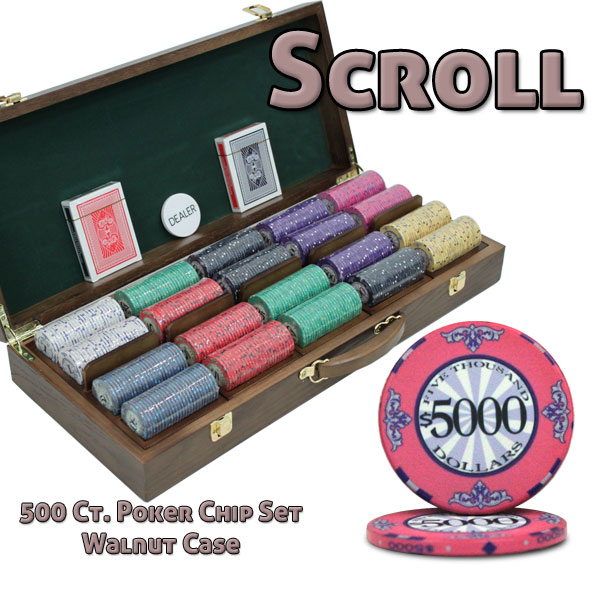 500 Ct Custom Breakout Scroll Poker Chip Set - Walnut Case
