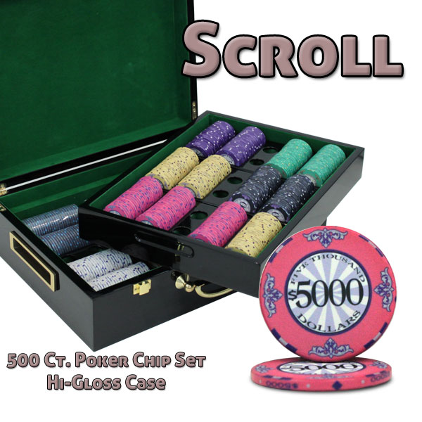 500 Ct Custom Breakout Scroll Poker Chip Set - Hi-Gloss Case