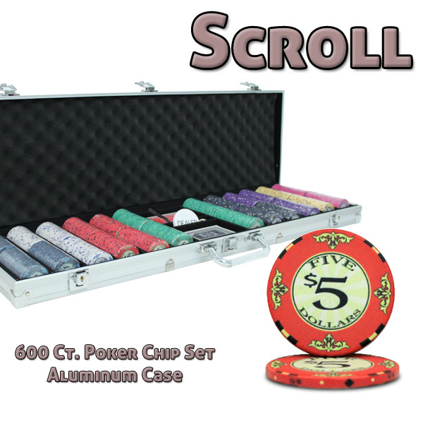 600 Ct Standard Breakout Scroll Poker Chip Set - Aluminum Case