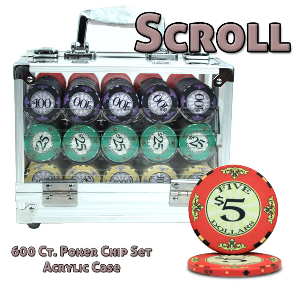 600 Ct Custom Breakout Scroll Poker Chip Set - Acrylic Case