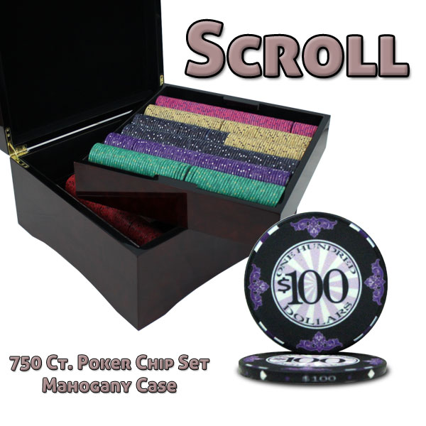 750 Ct Standard Breakout Scroll Poker Chip Set - Mahogany Case