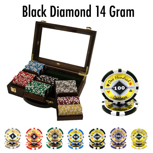 300 Count - Custom Breakout - Poker Chip Set - Black Diamond 14 G - Walnut