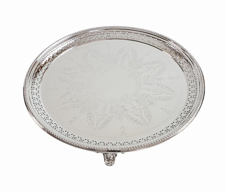 Engraved & Pierced Salver with Bead Edge Border on 3 Feet  English Silver Plate c.1860