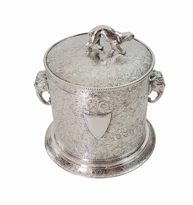 Engraved Biscuit Box with Elephant Handles & Cougar Finial English Silver Plate c.1875