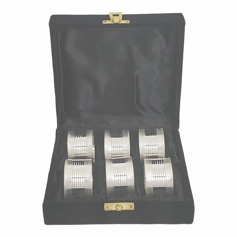 Set/6 Napkin Rings Ribbed & Elaborate Silver Plate