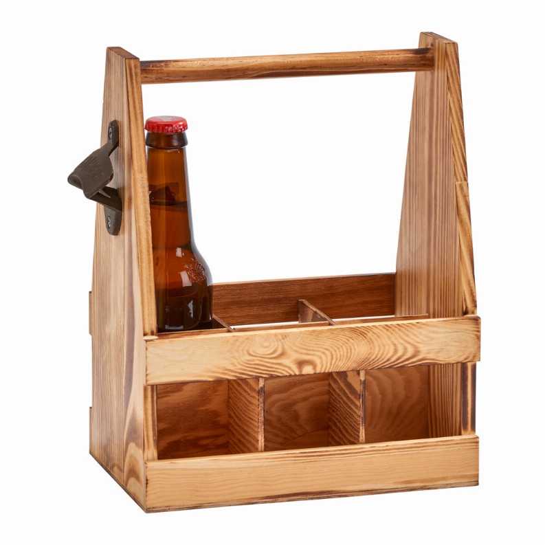 Light Wood 6 Bottle Caddy with Opener 11.25" X 9"