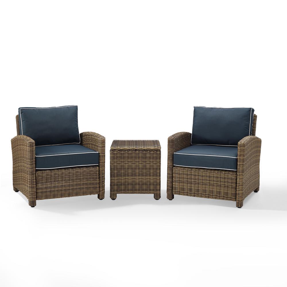 Bradenton 3Pc Outdoor Wicker Armchair Set Navy/Weathered Brown - Side Table & 2 Armchairs