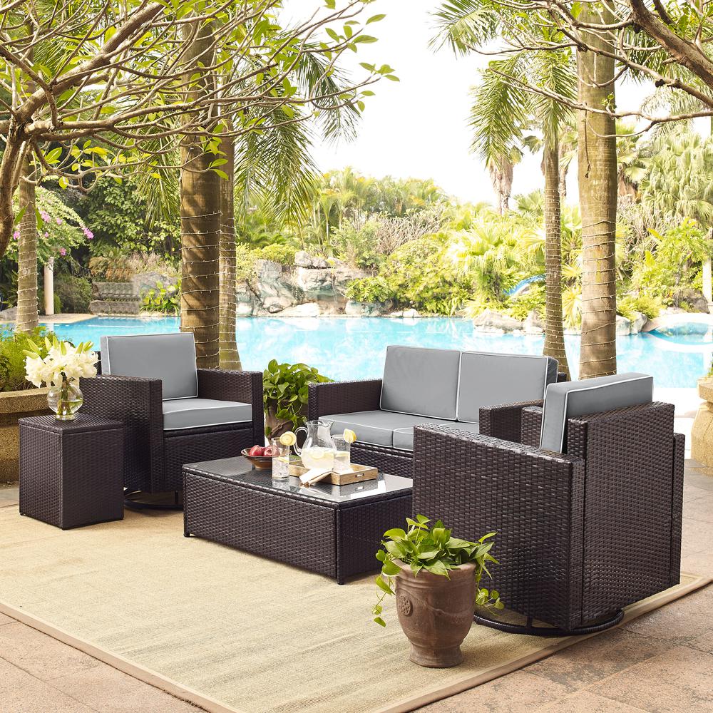 Palm Harbor 5Pc Outdoor Wicker Conversation Set Gray/Brown - Loveseat, Side Table, Coffee Table, & 2 Swivel Chairs