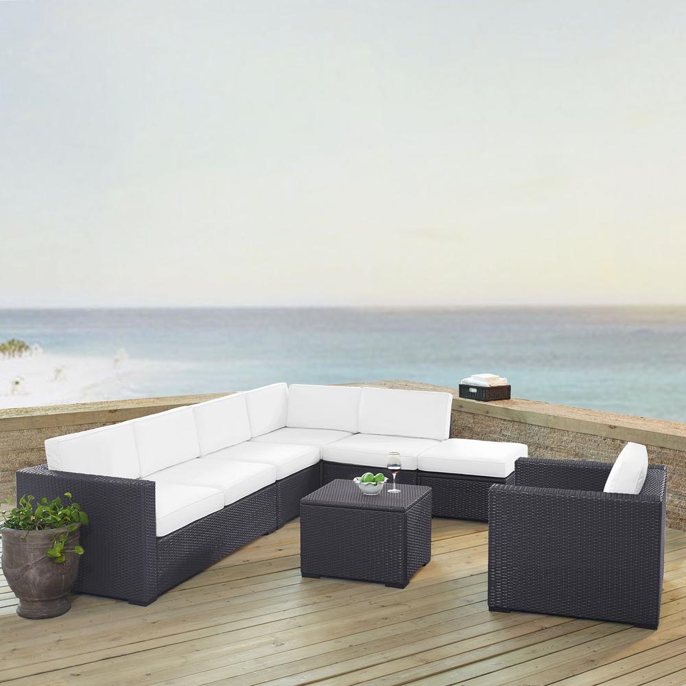 Biscayne 6Pc Outdoor Wicker Sectional Set White/Brown - Armless Chair, Arm Chair, Coffee Table, Ottoman, & 2 Loveseats