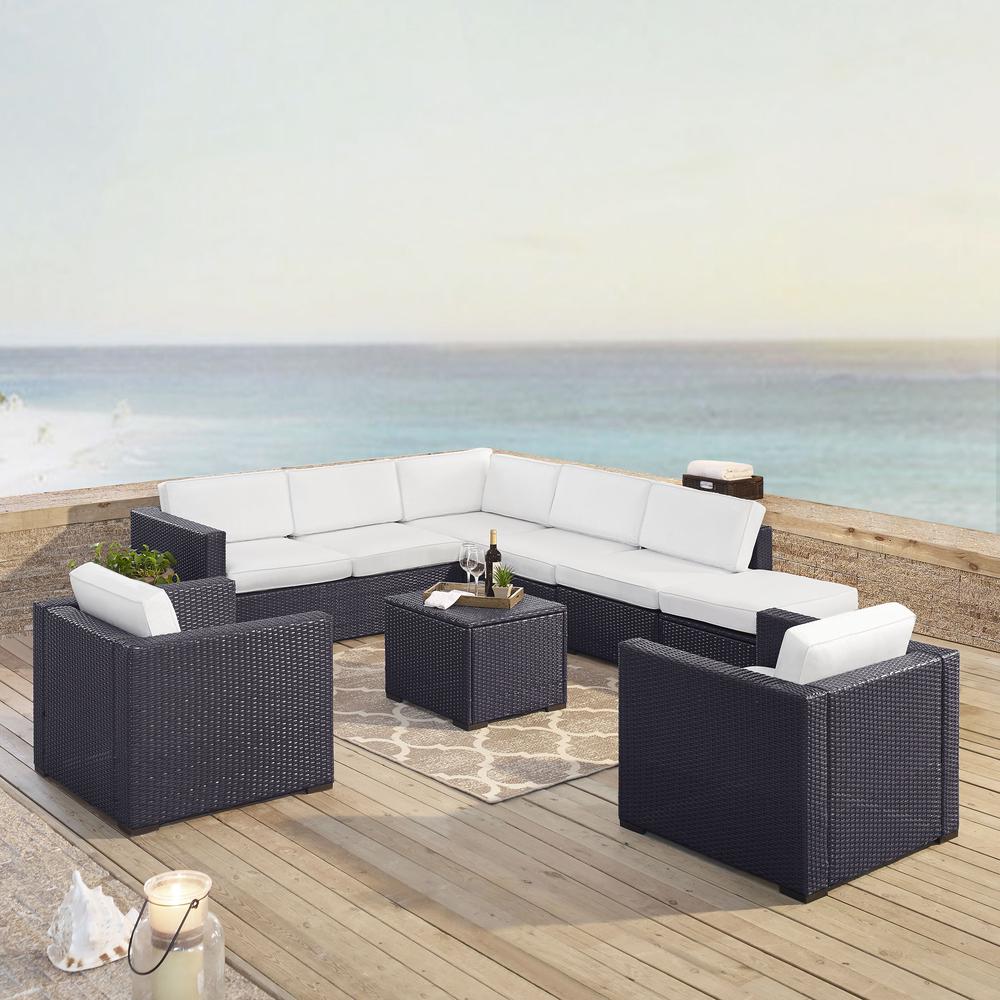 Biscayne 7Pc Outdoor Wicker Sectional Set White/Brown - Armless Chair, Coffee Table, Ottoman, 2 Loveseats, & 2 Arm Chairs