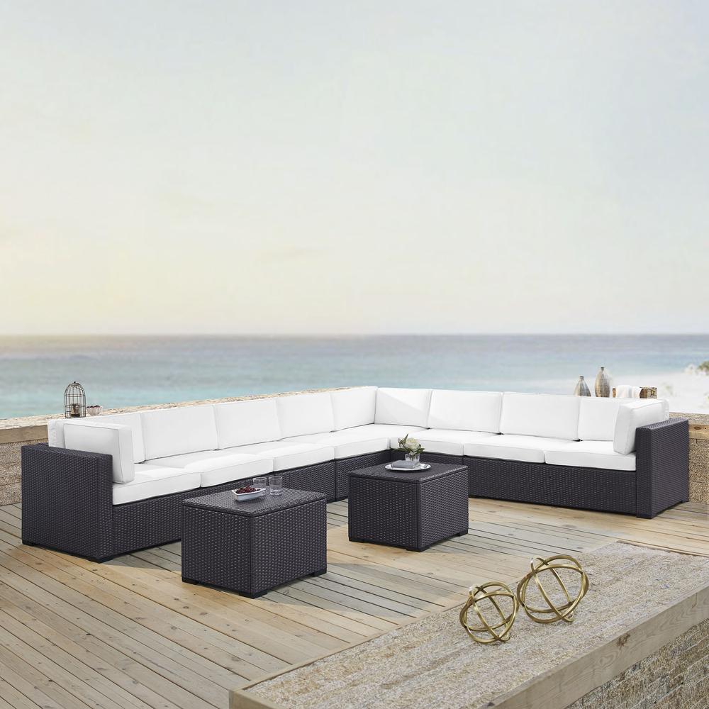 Biscayne 7Pc Outdoor Wicker Sectional Set White/Brown - 3 Loveseats, 2 Armless Chair, & 2 Coffee Tables