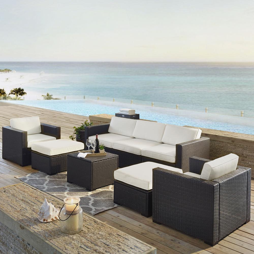 Biscayne 7Pc Outdoor Wicker Sectional Set White/Brown - Loveseat, Corner Chair, Coffee Table, 2 Arm Chairs, & 2 Ottomans