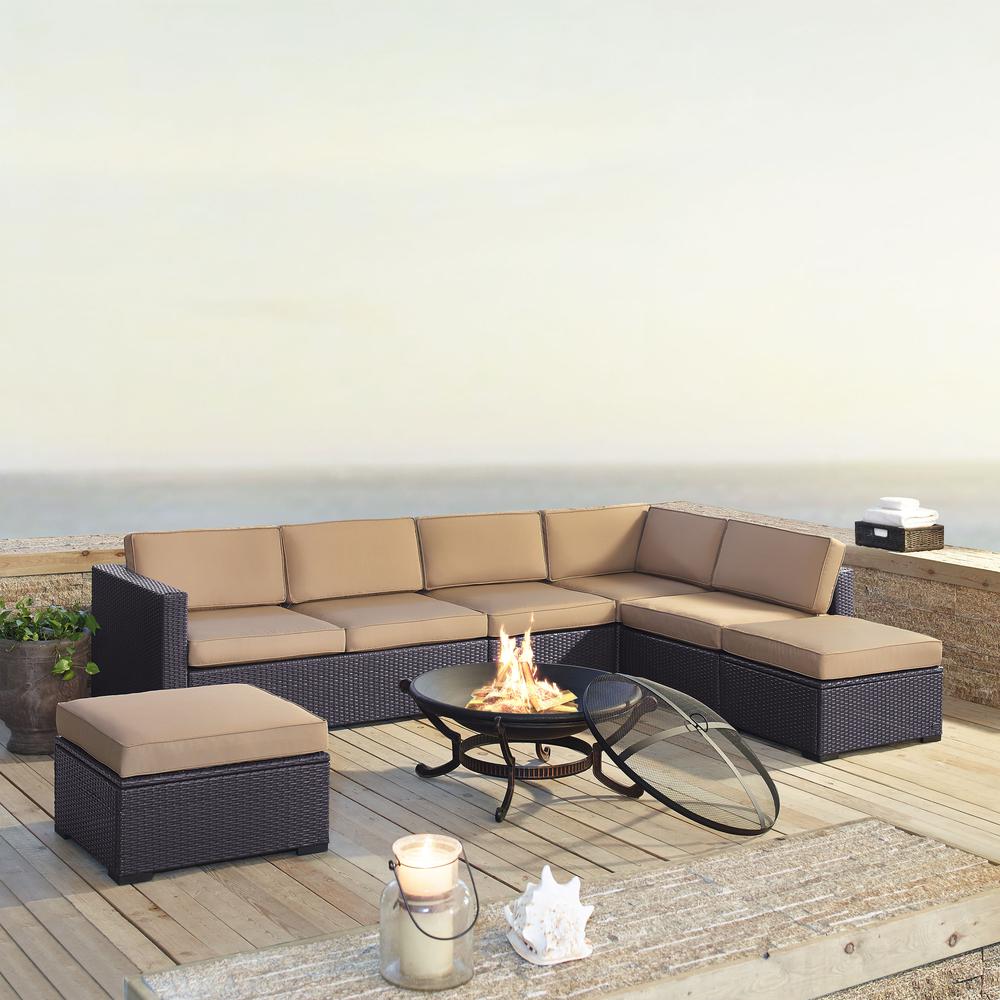 Biscayne 6Pc  Outdoor Wicker Sectional Set W/Fire Pit Mocha/Brown - Ashland Firepit, 2 Loveseats,  Armless Chair, & 2 Ottomans