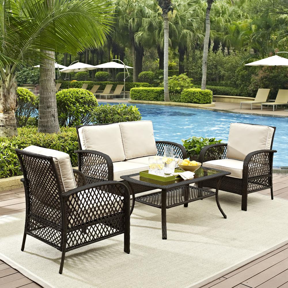 Tribeca 4Pc Outdoor Wicker Conversation Set Sand/Brown - Loveseat, Coffee Table, & 2 Arm Chairs