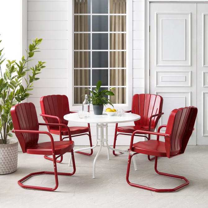 Ridgeland 5Pc Outdoor Metal Dining Set Bright Red Gloss/White Satin - Dining Table & 4 Chairs