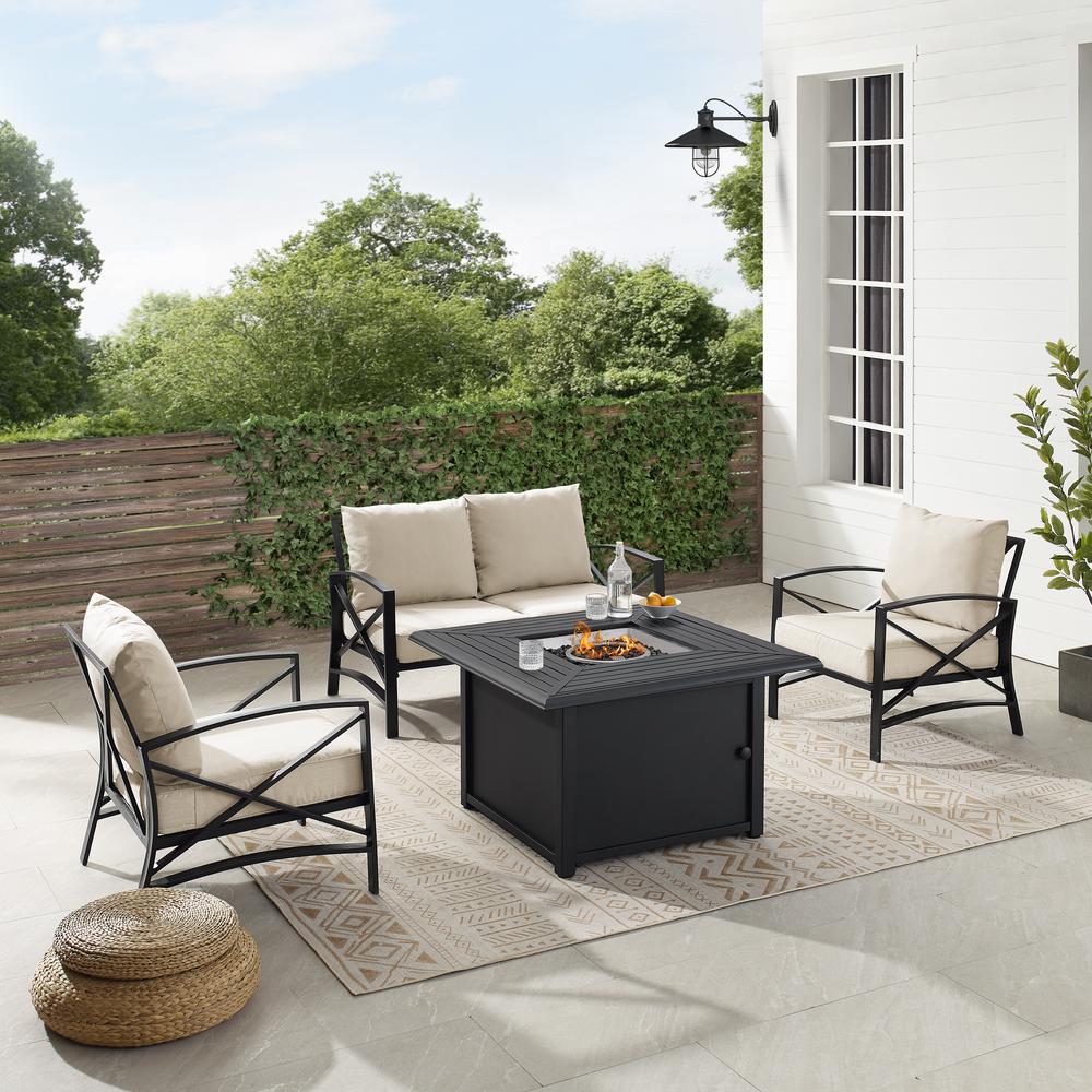 Kaplan 4Pc Outdoor Metal Conversation Set W/Fire Table Oatmeal/Oil Rubbed Bronze - Loveseat, Dante Fire Table, & 2 Arm Chairs