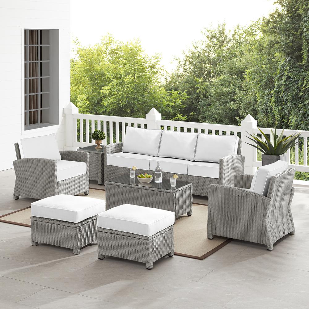 Bradenton 7Pc Outdoor Wicker Sofa Set - Sunbrella White/Gray - Sofa, Coffee Table, Side Table, 2 Armchairs & 2 Ottomans
