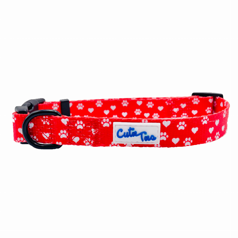 Cutie Ties Fun Design Dog Collar - Small Paw Prints & Hearts Red