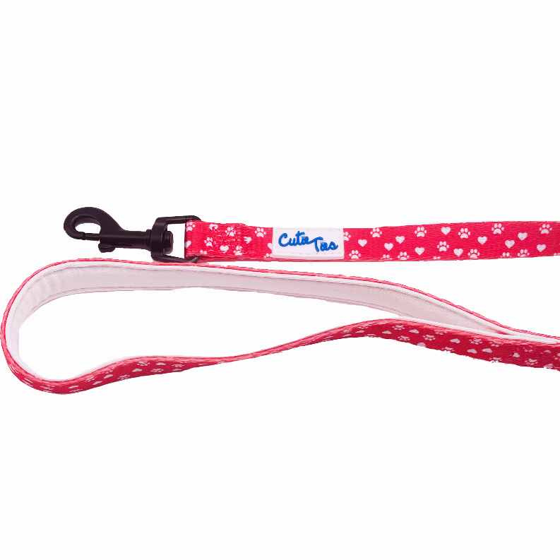 Cutie Ties Fun Design Dog Leash - Large Paw Prints & Hearts Red