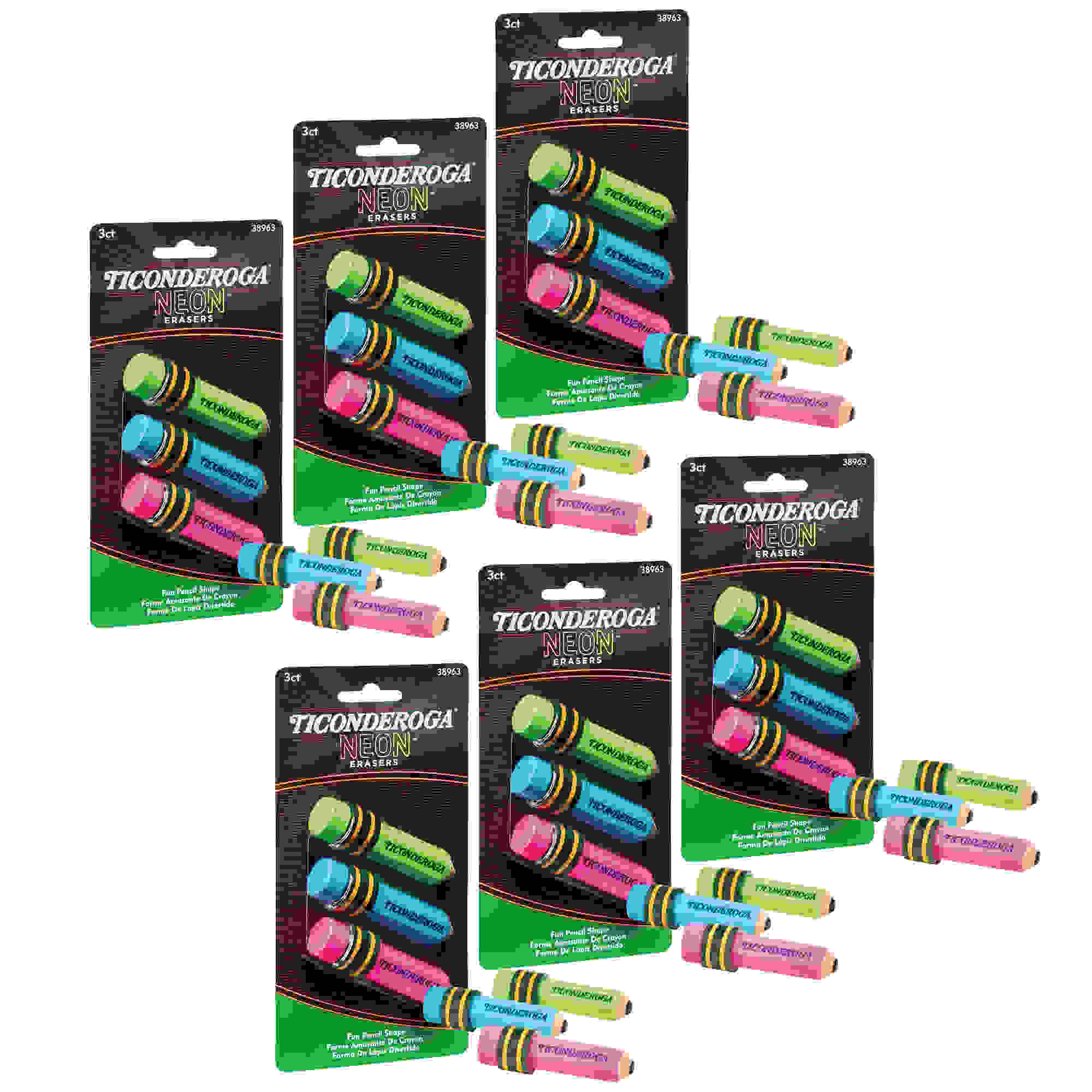 Pencil Shaped Neon Erasers, 3 Per Pack, 6 Packs
