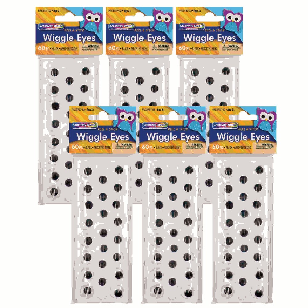 Peel & Stick Wiggle Eyes on Sheets, Black, Assorted Sizes, 60 Per Pack, 6 Packs