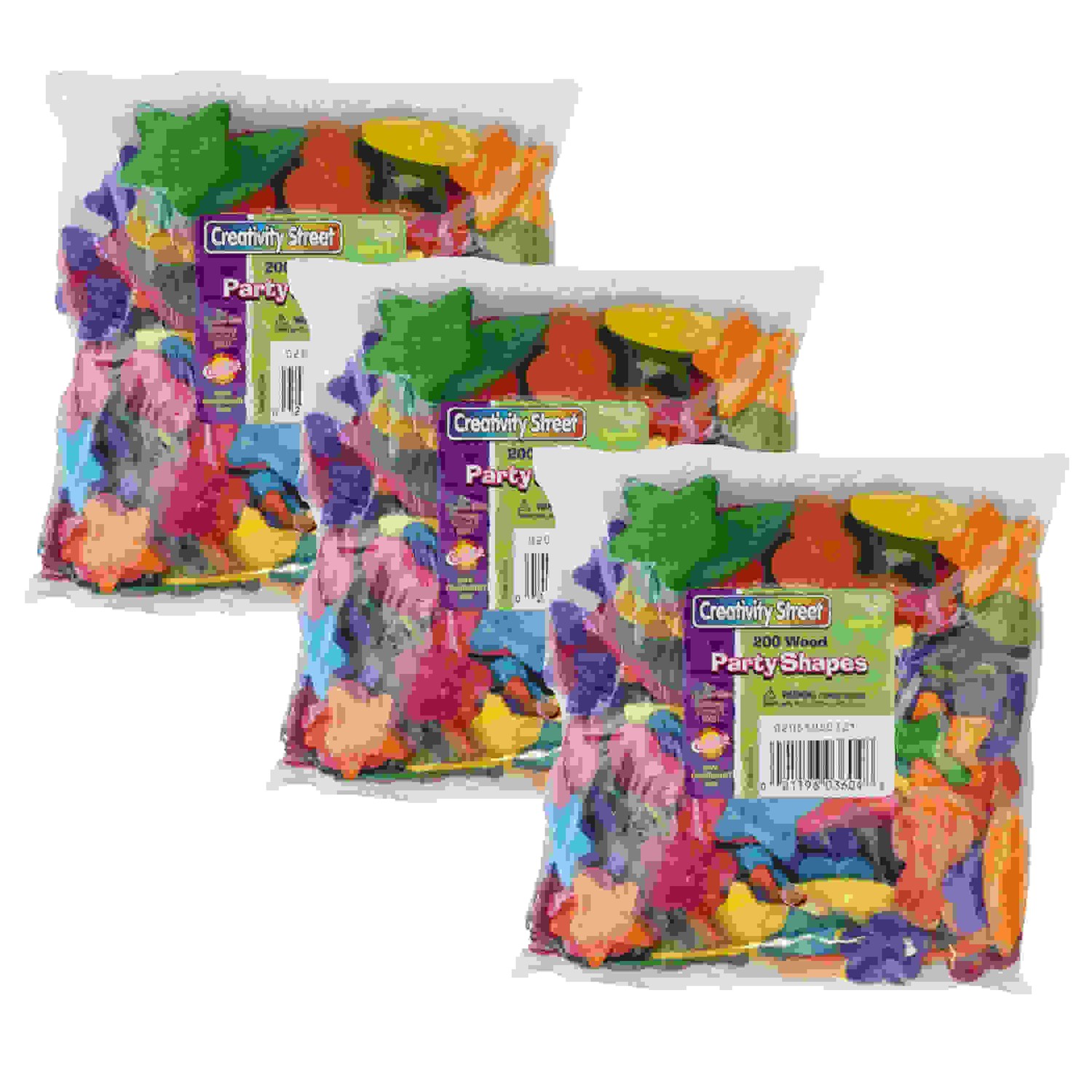 Wood Party Shapes, Assorted Colors, 1/2" to 2", 200 Per Pack, 3 Packs