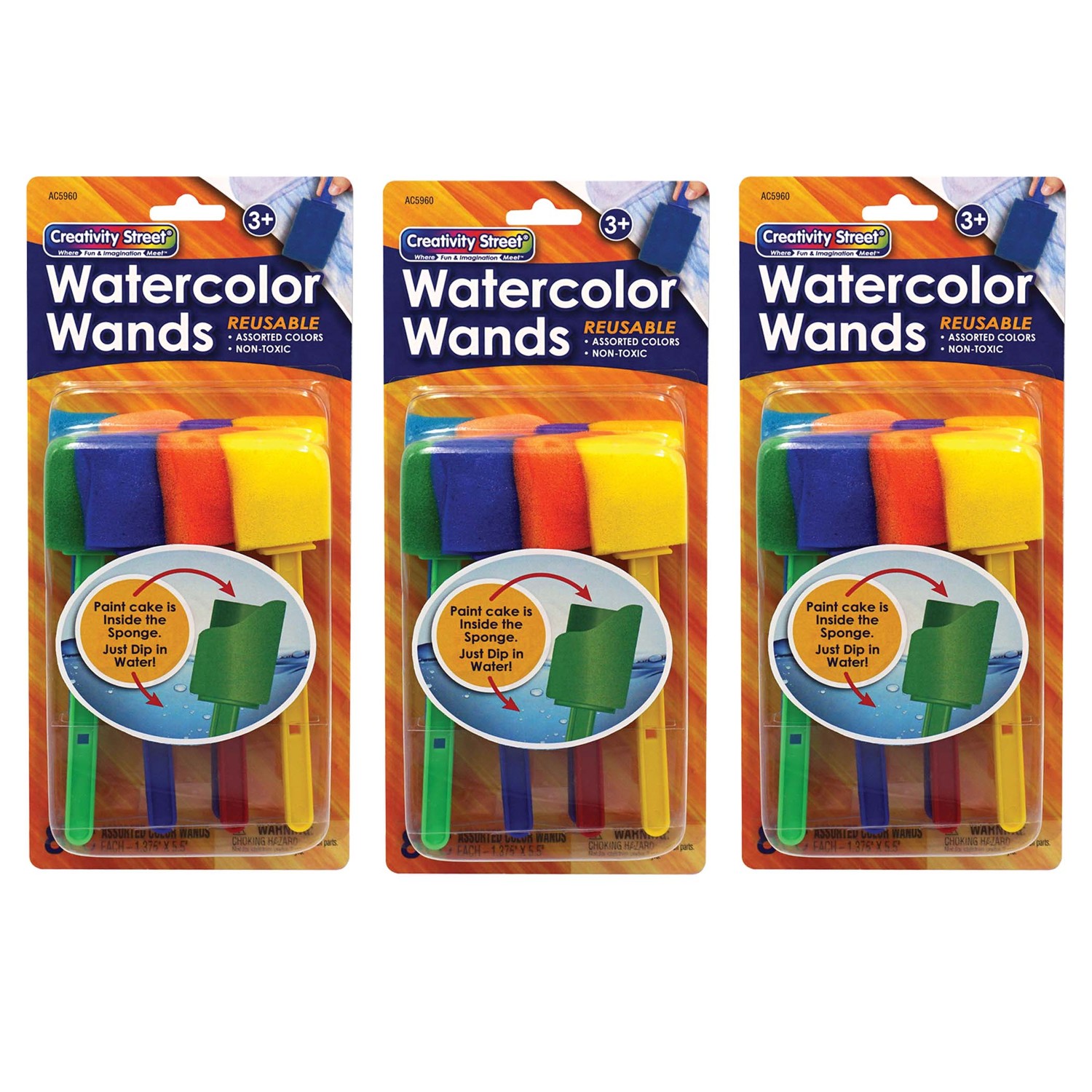 Watercolor Wands with Paint, 8 Assorted Colors, 1-3/8" x 5-1/2", 8 Per Pack, 3 Packs