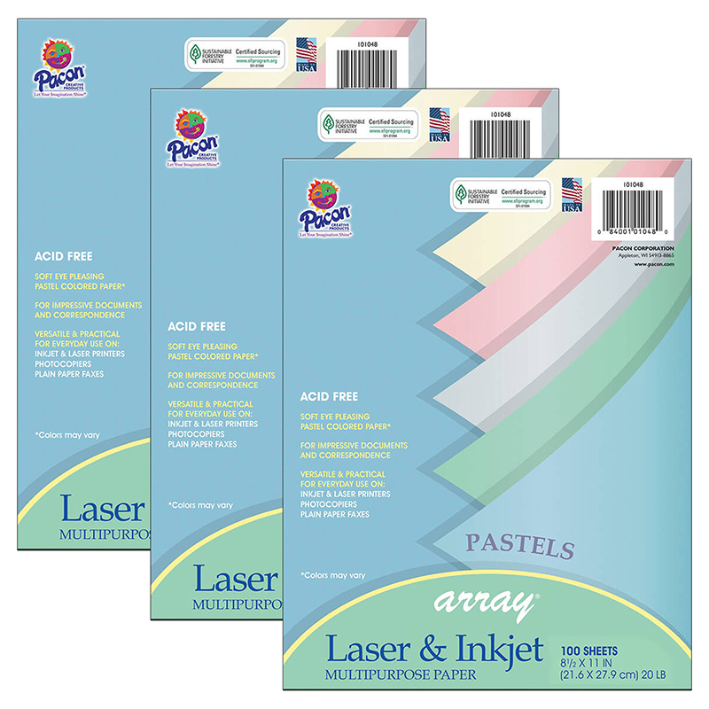 Pastel Multipurpose Paper Array, 8-1/2" x 11", 100 Sheets Per Pack, 3 Packs