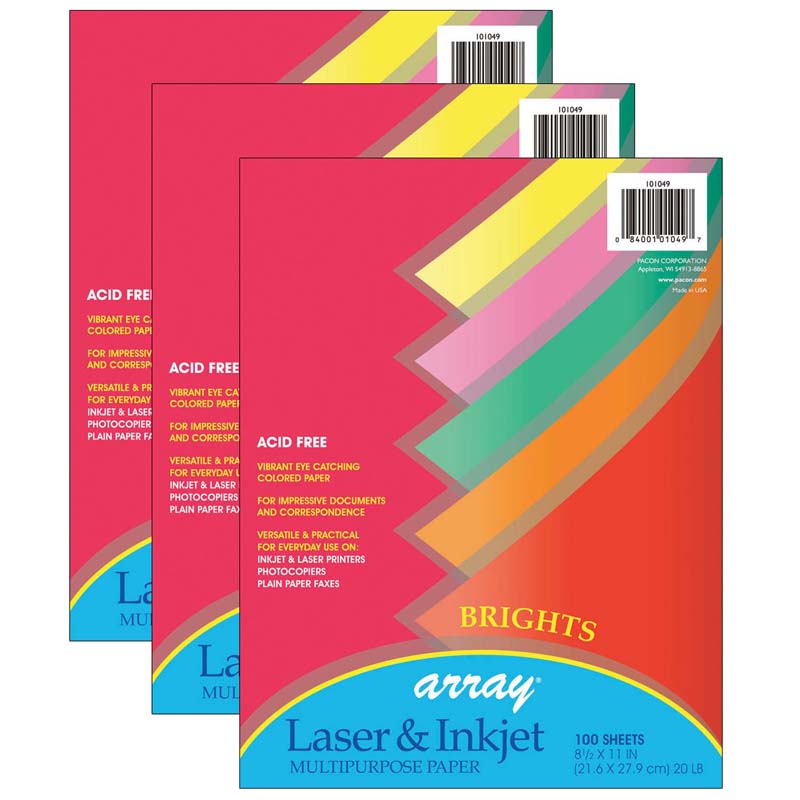 Bright Multi-Purpose Paper, 5 Assorted Colors, 20 lb., 8-1/2" x 11", 100 Sheets Per Pack, 3 Packs