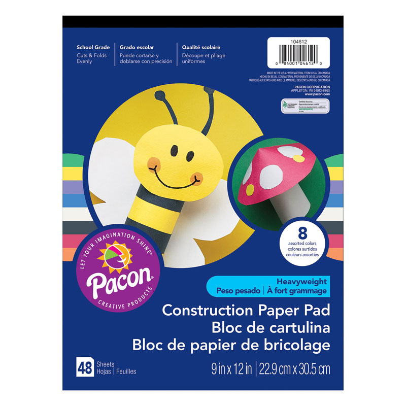 Heavyweight Construction Paper Pad, 8 Assorted Colors, 9" x 12", 48 Sheets